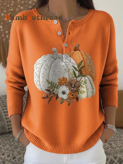 Women’s Thanksgiving Pumpkin Floral Art V-Neck Sweater Orange / S