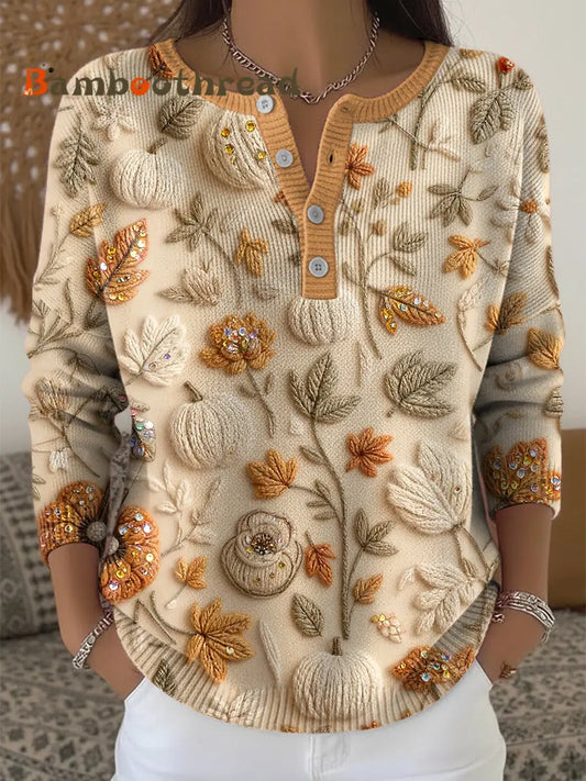 Women’s Thanksgiving Pumpkin Floral Art V-Neck Top Multicolour / S
