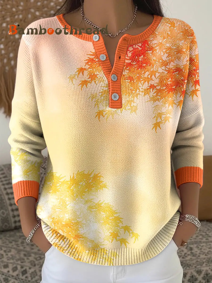 Women’s Thanksgiving Vintage Gradient Maple Leaf Art V-Neck Top Multicolour / S