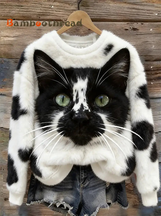 Women’s Unique Cow Cat & Pattern Cozy Flannel Hoodie White / S