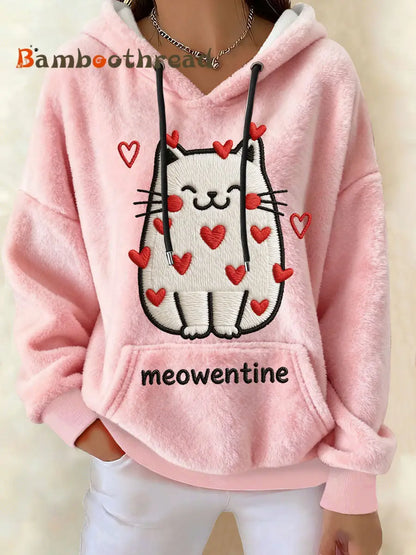 Women’s Valentine’s Day Cat Meowentine Flannel Hoodies Pink / S