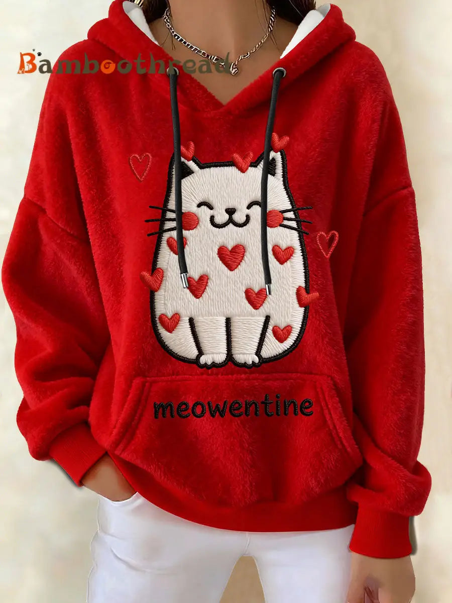 Women’s Valentine’s Day Cat Meowentine Flannel Hoodies Red / S