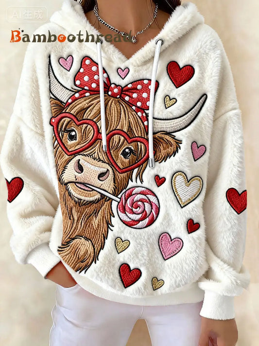 Women’s Valentine’s Day Cow Fleece Hoodies Beige / S