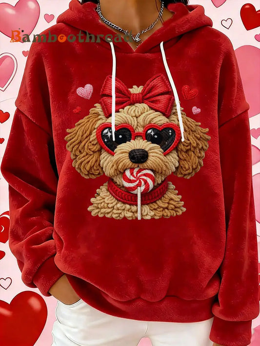 Women’s Valentine’s Day Dog Print Flannel Hoodie Red / S
