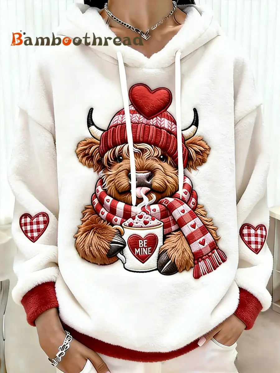 Women’s Valentine’s Day Highland Cow Print Flannel Hoodie White / S