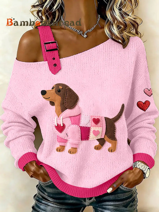 Women’s Valentine’s Day Inspired Dachshund Pattern Knit Top Pink / S