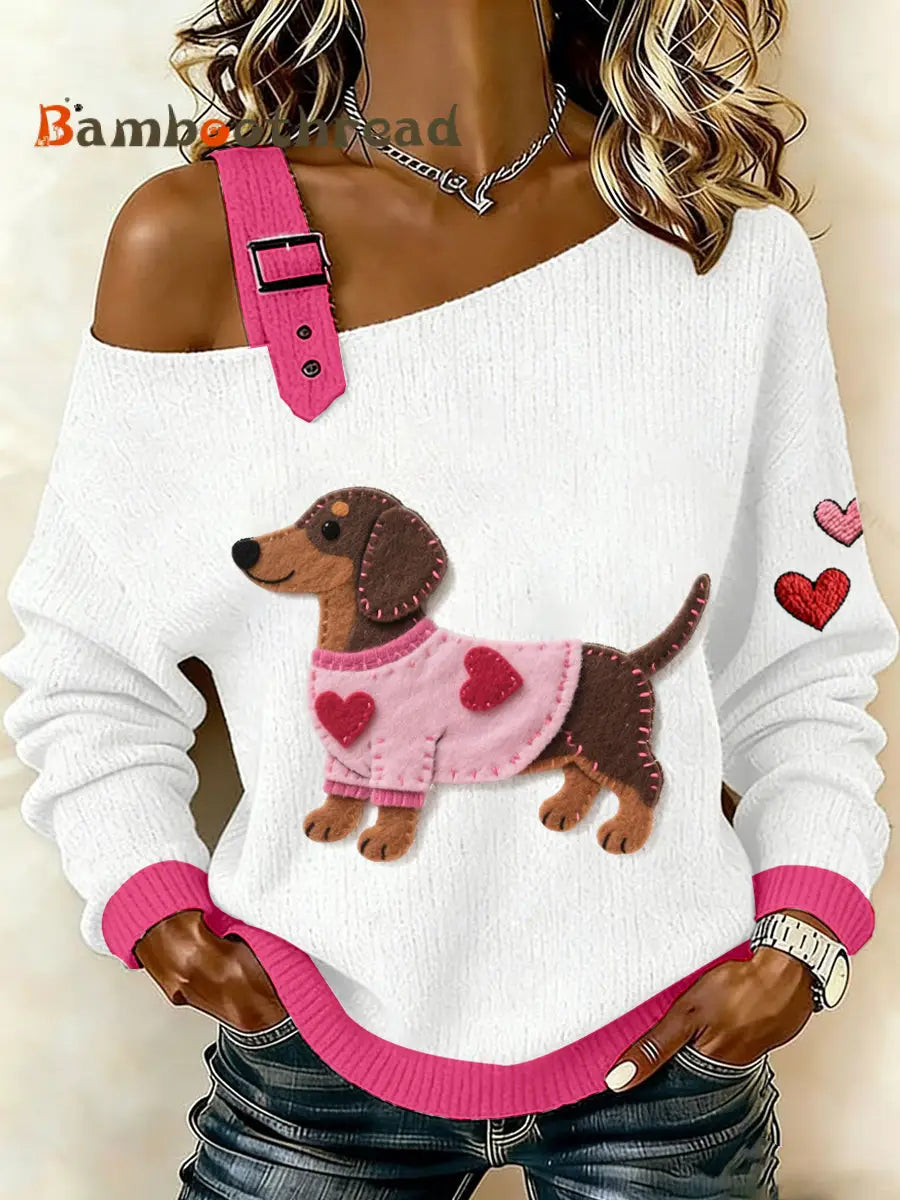 Women’s Valentine’s Day Inspired Dachshund Pattern Knit Top White / S