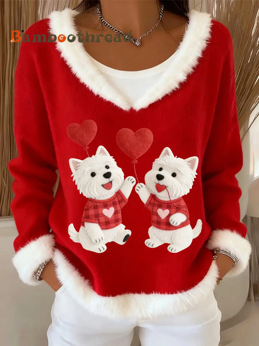 Women’s Valentine’s Day Puppy Plush Collar Top Red / S