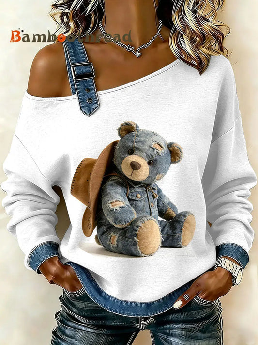 Women’s Vintage Bear Patchwork Print Casual Off-Shoulder Sweatshirt As picture / S