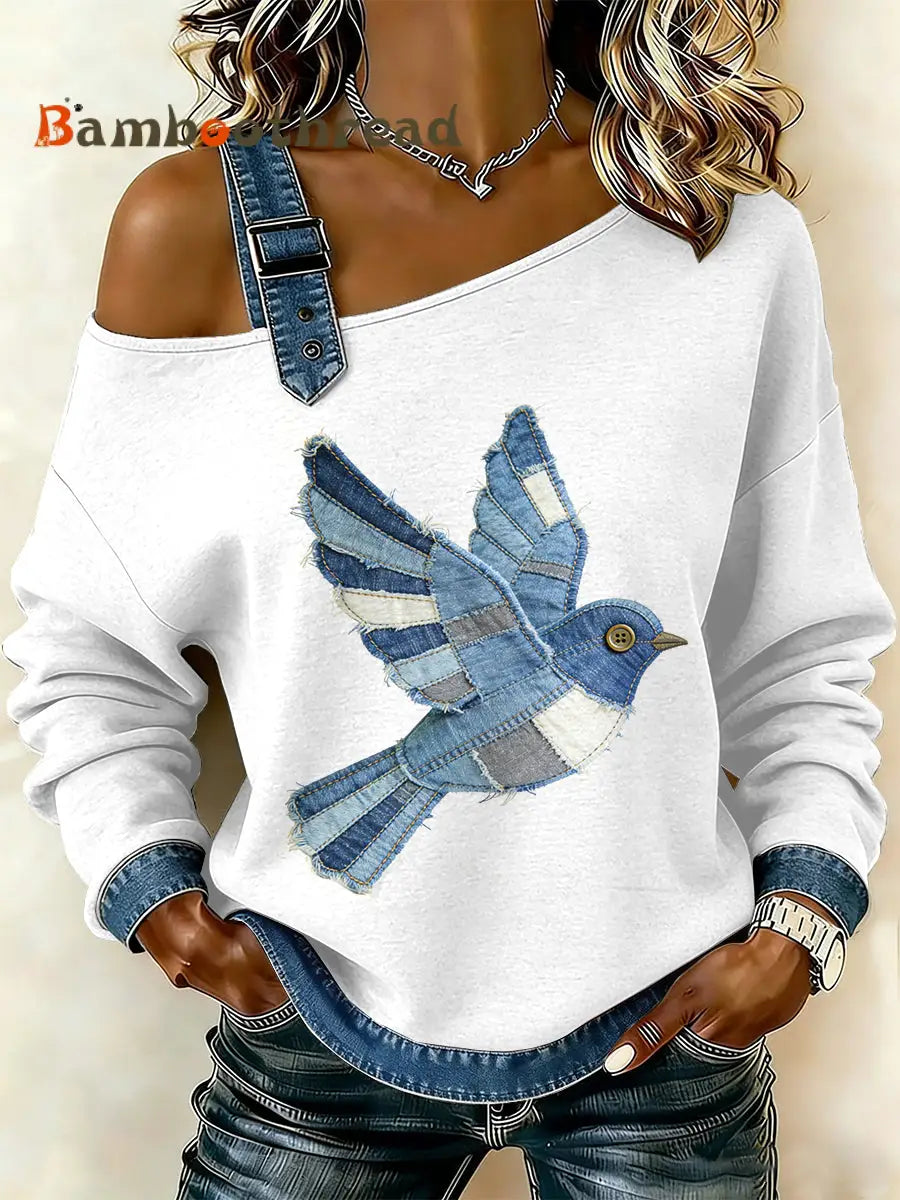 Women’s Vintage Bird Patchwork Print Casual Off-Shoulder Sweatshirt As picture / S