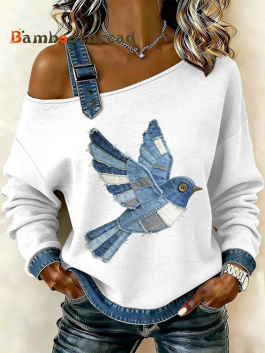 Women’s Vintage Bird Patchwork Print Casual Off-Shoulder Sweatshirt As picture / S