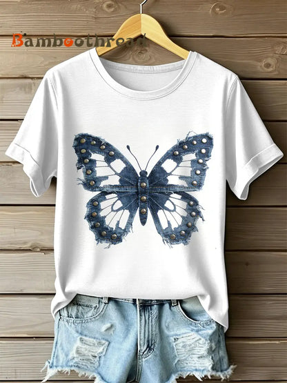 Women’s Vintage Butterfly Patchwork Print Casual T-shirt As picture / S