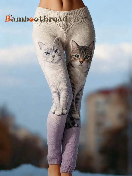Women’s Vintage Cat Art Knit Cozy Leggings As picture / S