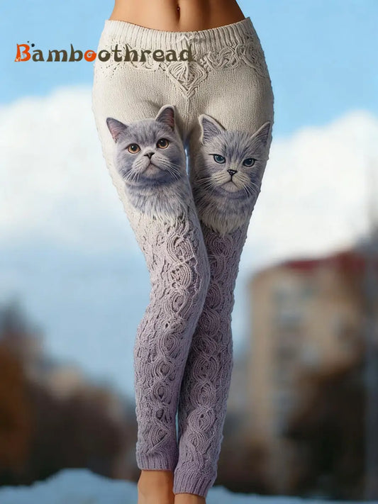 Women’s Vintage Cat Art Knit Cozy Leggings As picture / S