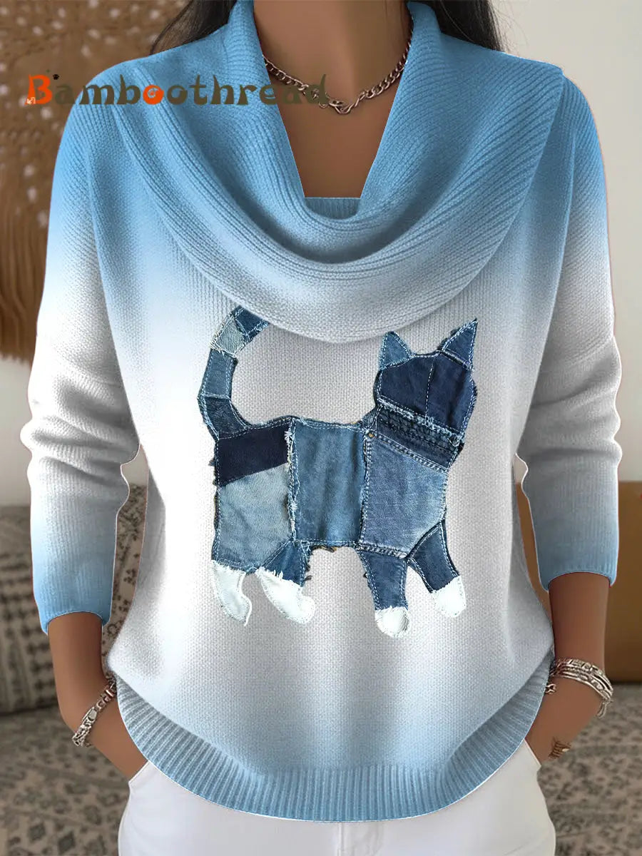 Women’s Vintage Cat Gradient Off-Shoulder Top Blue / S