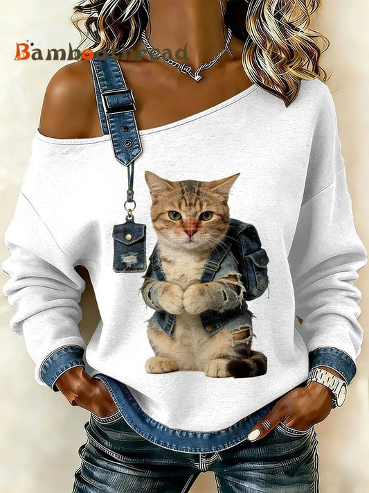 Women’s Vintage Cat Patchwork Print Casual Off-Shoulder Sweatshirt As picture / S
