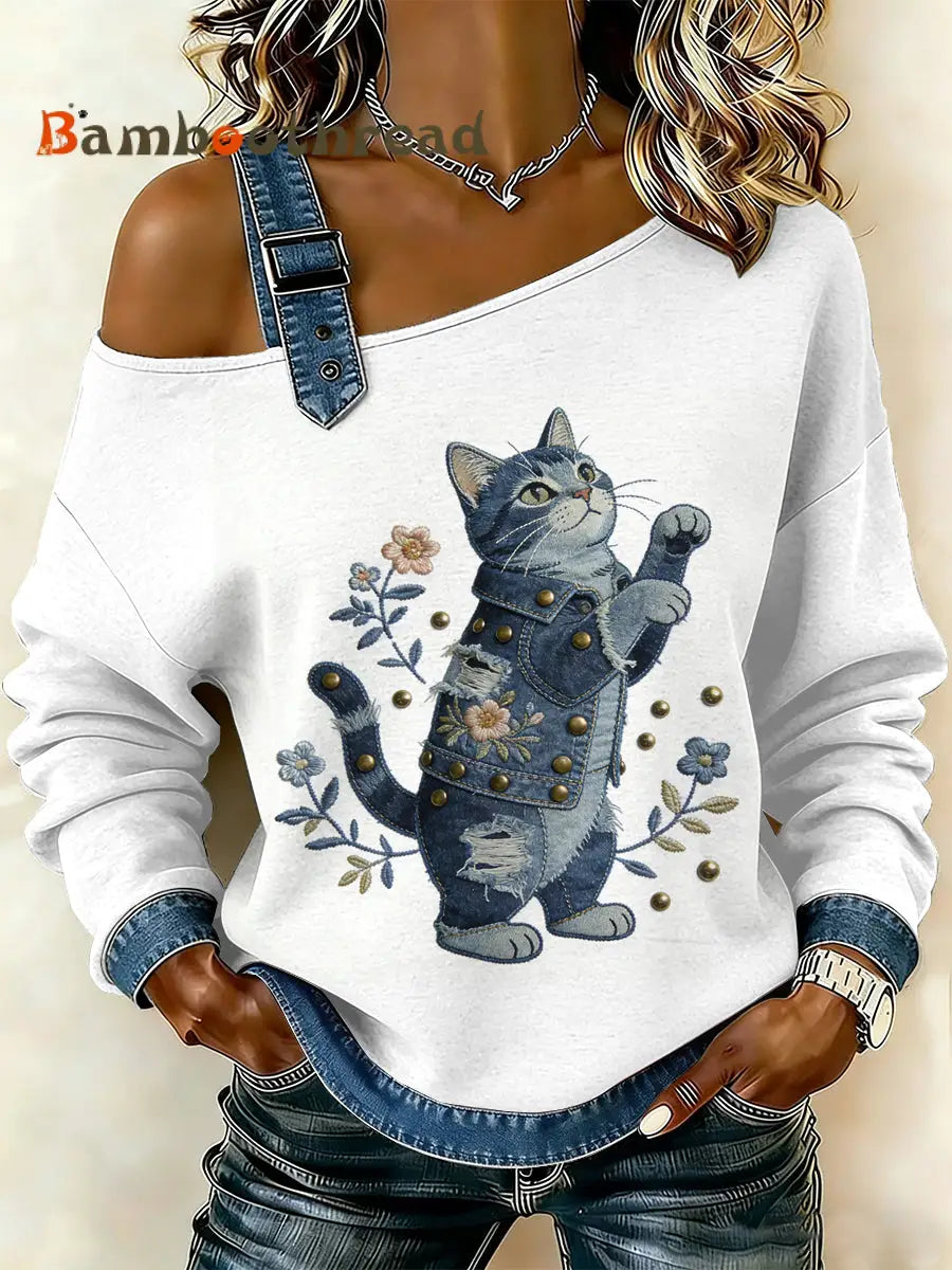 Women’s Vintage Cat Patchwork Print Casual Off-Shoulder Sweatshirt As picture / S