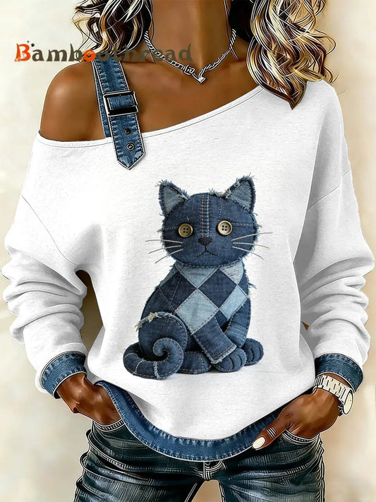 Women’s Vintage Cat Patchwork Print Casual Off-Shoulder Sweatshirt As picture / S