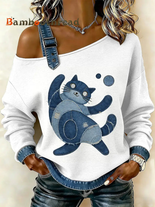 Women’s Vintage Cat Patchwork Print Casual Off-Shoulder Sweatshirt As picture / S