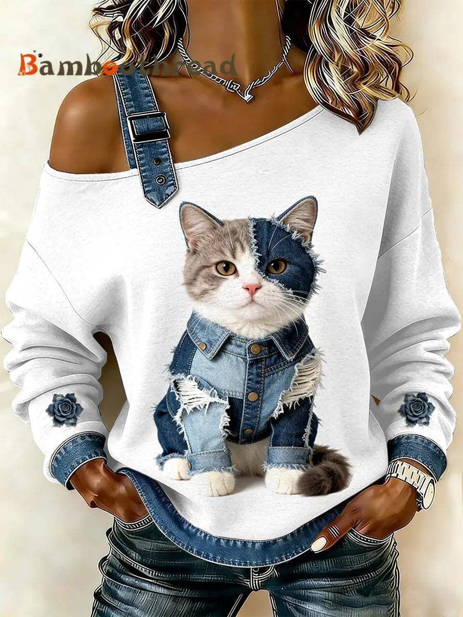 Women’s Vintage Cat Patchwork Print Casual Off-Shoulder Sweatshirt As picture / S