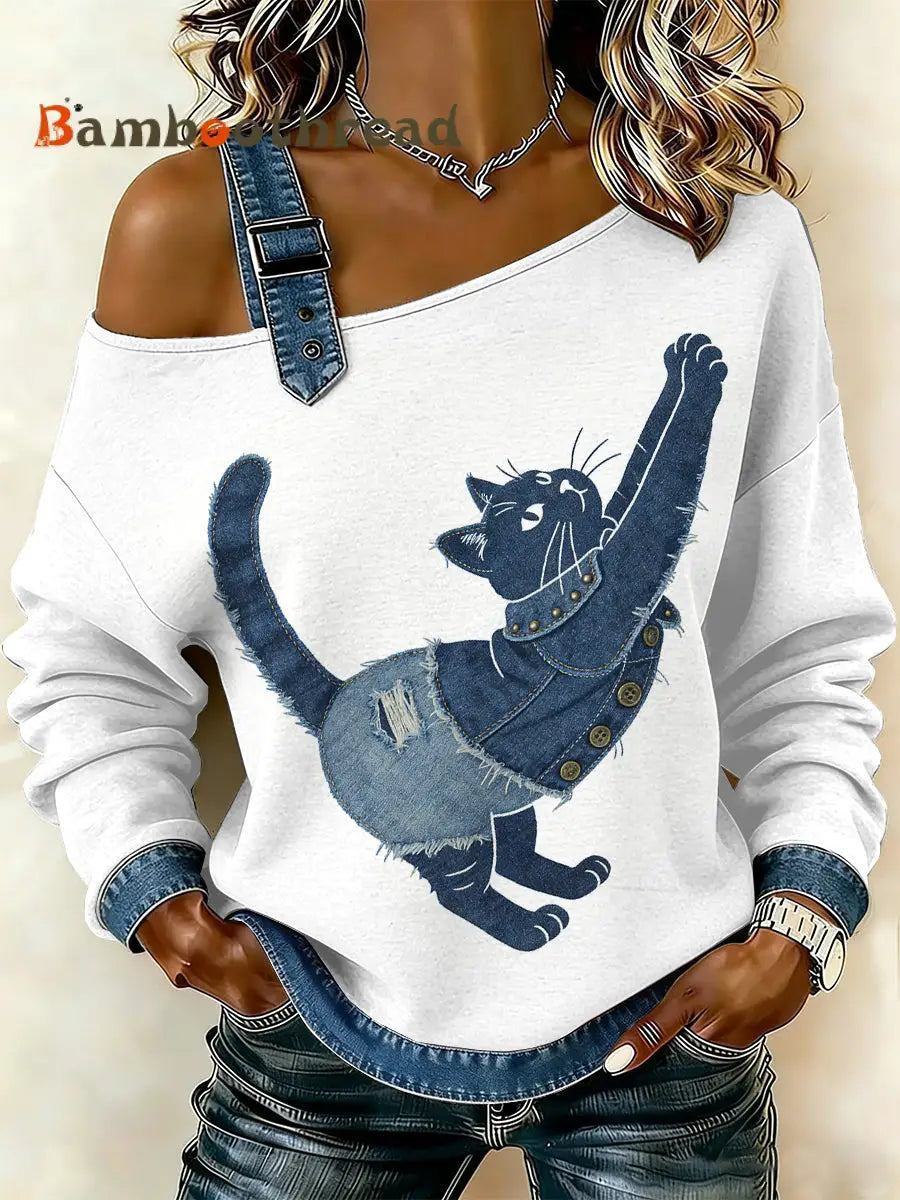 Women’s Vintage Cat Patchwork Print Casual Off-Shoulder Sweatshirt As picture / S