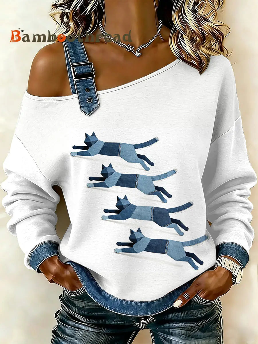 Women’s Vintage Cat Patchwork Print Casual Off-Shoulder Sweatshirt As picture / S