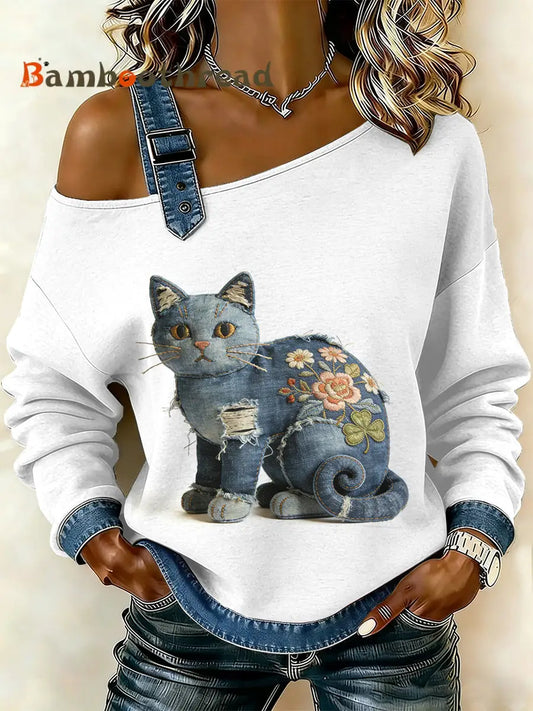 Women’s Vintage Cat Patchwork Print Casual Off-Shoulder Sweatshirt As picture / S