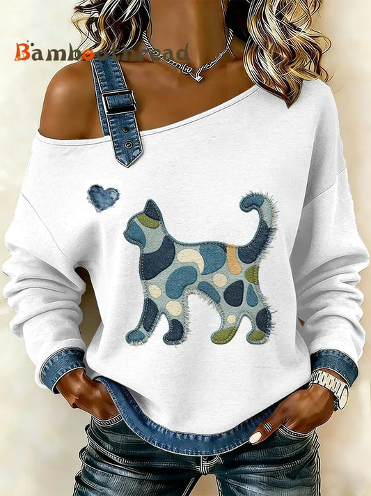 Women’s Vintage Cat Patchwork Print Casual Off-Shoulder Sweatshirt As picture / S