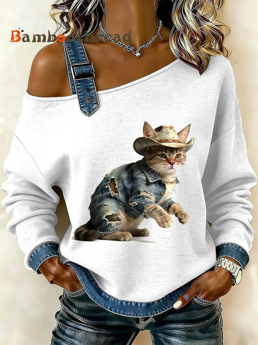 Women’s Vintage Cat Patchwork Print Casual Off-Shoulder Sweatshirt As picture / S