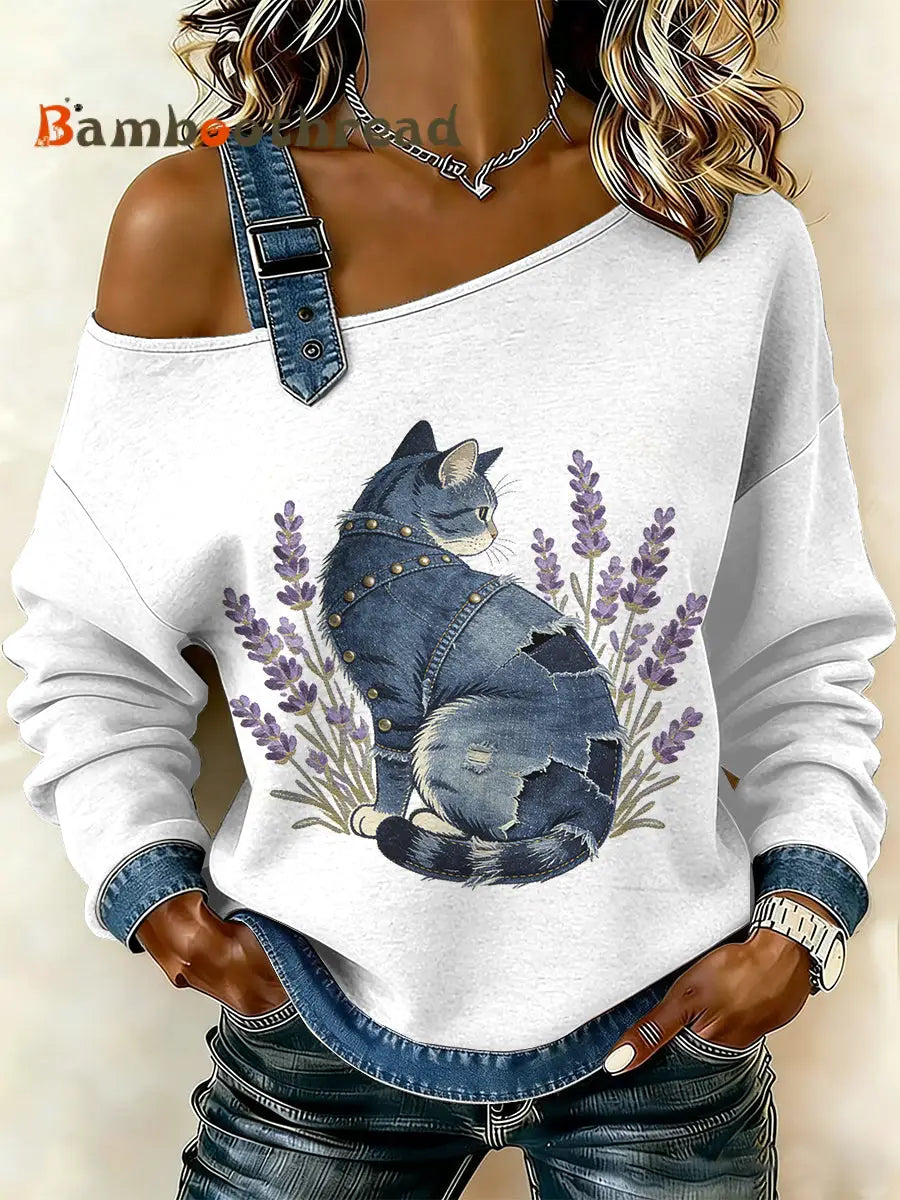Women’s Vintage Cat Patchwork Print Casual Off-Shoulder Sweatshirt As picture / S
