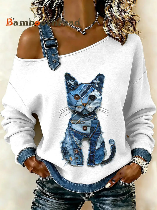 Women’s Vintage Cat Patchwork Print Casual Off-Shoulder Sweatshirt As picture / S