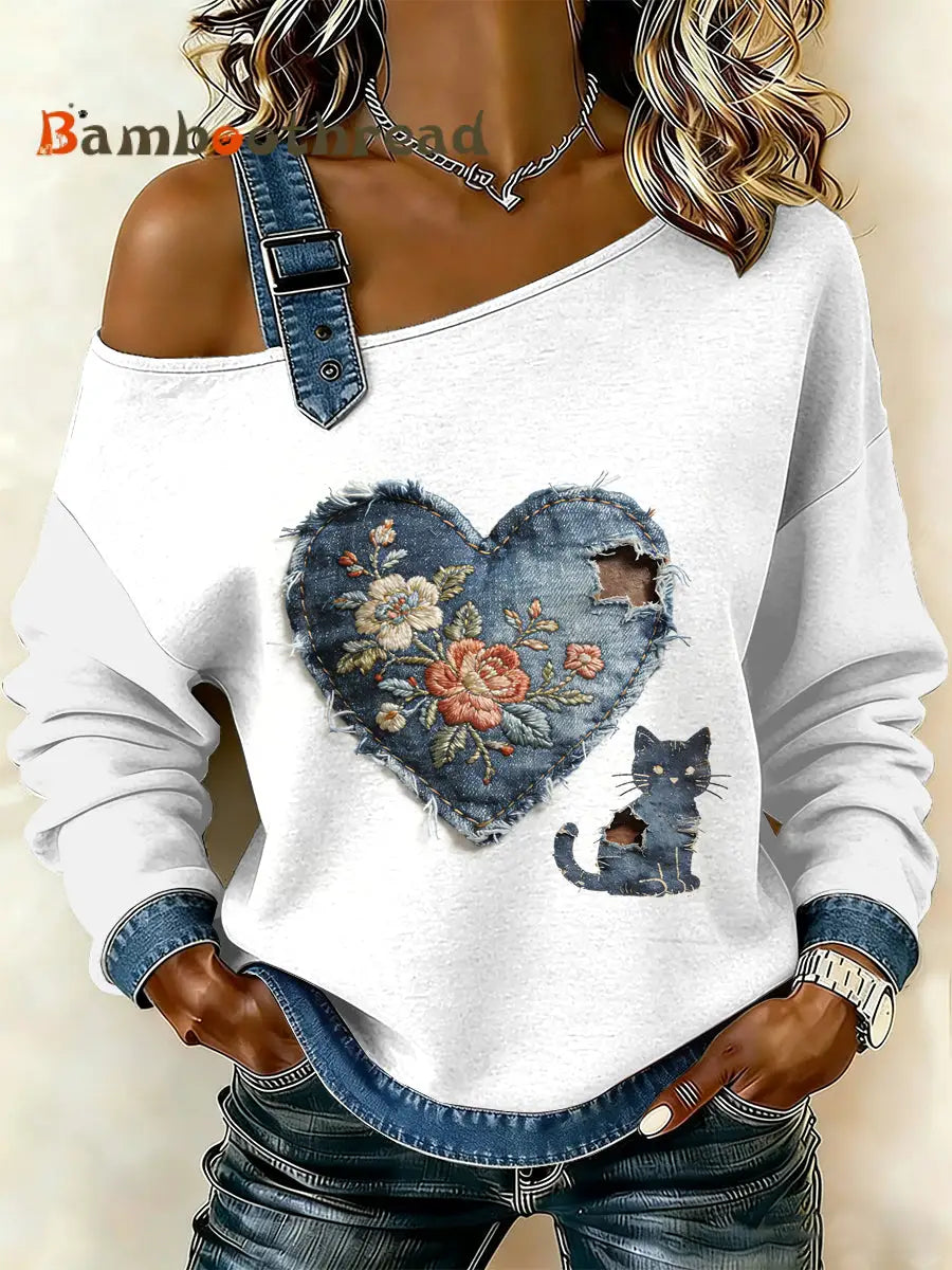 Women’s Vintage Cat Patchwork Print Casual Off-Shoulder Sweatshirt As picture / S