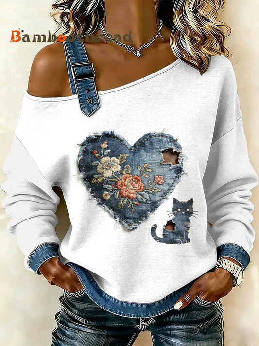 Women’s Vintage Cat Patchwork Print Casual Off-Shoulder Sweatshirt As picture / S