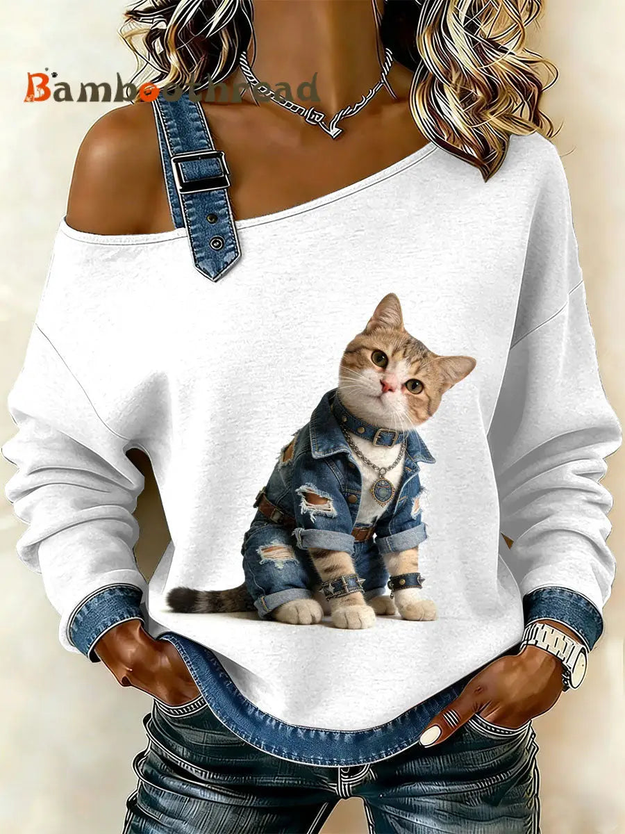 Women’s Vintage Cat Patchwork Print Casual Off-Shoulder Sweatshirt As picture / S