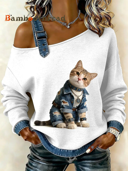 Women’s Vintage Cat Patchwork Print Casual Off-Shoulder Sweatshirt As picture / S
