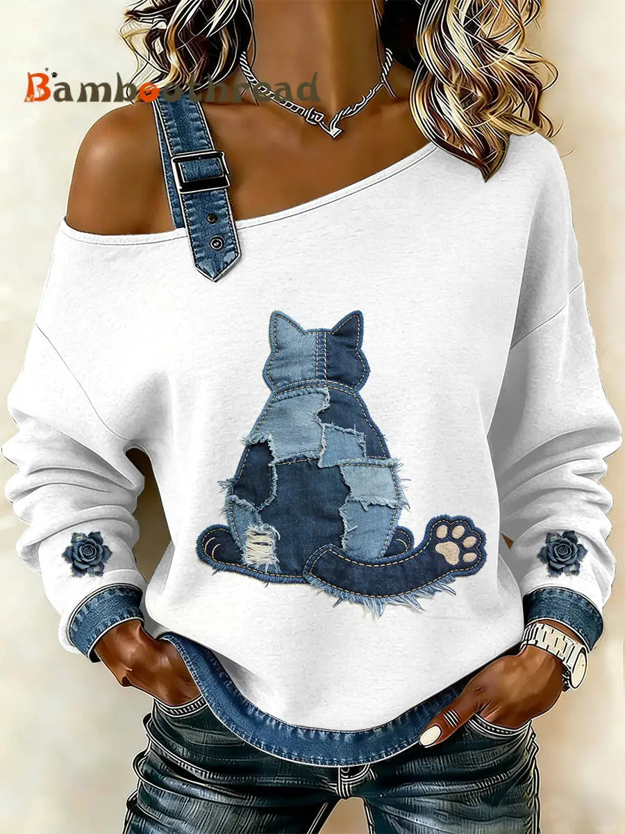 Women’s Vintage Cat Patchwork Print Casual Off-Shoulder Sweatshirt As picture / S