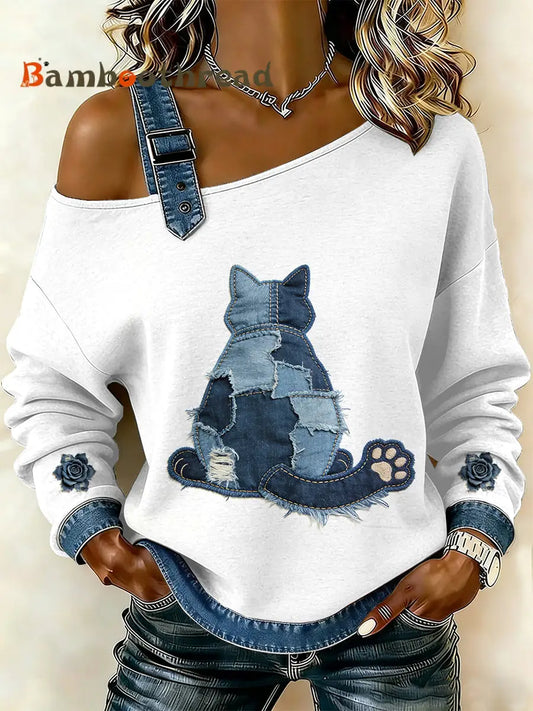 Women’s Vintage Cat Patchwork Print Casual Off-Shoulder Sweatshirt As picture / S