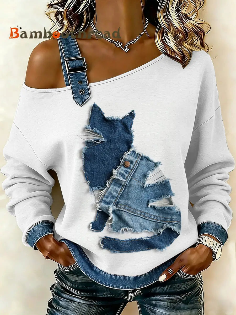 Women’s Vintage Cat Patchwork Print Casual Off-Shoulder Sweatshirt As picture / S