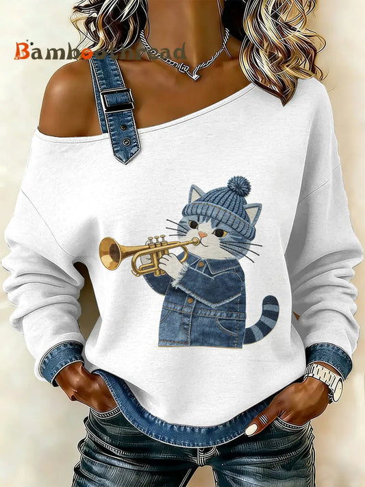 Women’s Vintage Cat Patchwork Print Casual Off-Shoulder Sweatshirt As picture / S