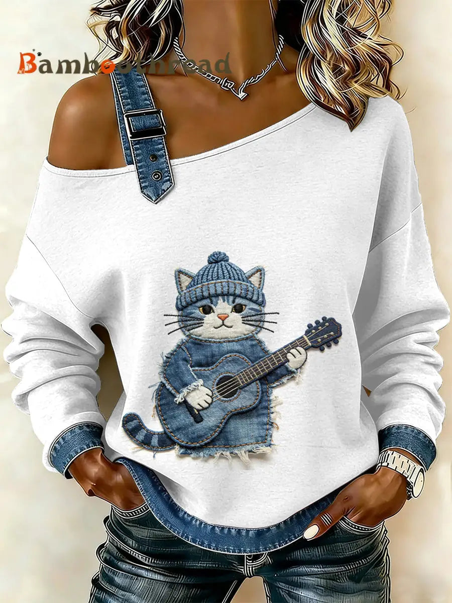 Women’s Vintage Cat Patchwork Print Casual Off-Shoulder Sweatshirt As picture / S