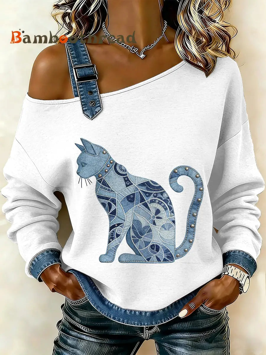 Women’s Vintage Cat Patchwork Print Casual Off-Shoulder Sweatshirt As picture / S