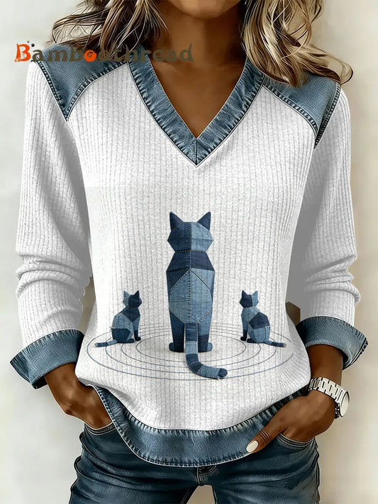 Women’s Vintage Cat Patchwork Print Casual V-Neck Sweatshirt As picture / S