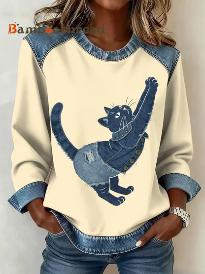 Women’s Vintage Cat Patchwork Print Denim Patchwork Top Beige / S