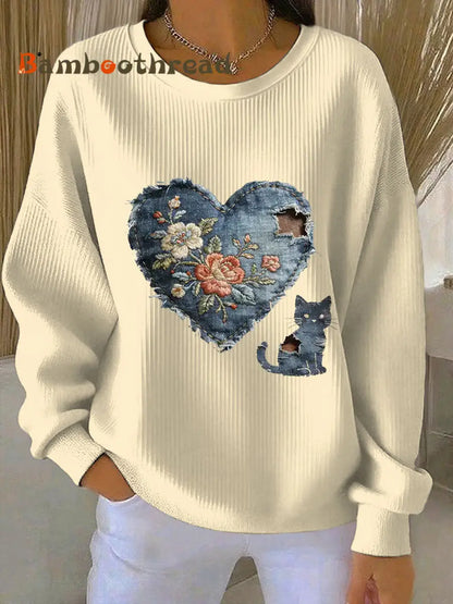 Women’s Vintage Cat Patchwork Print Denim Patchwork Top Beige / S