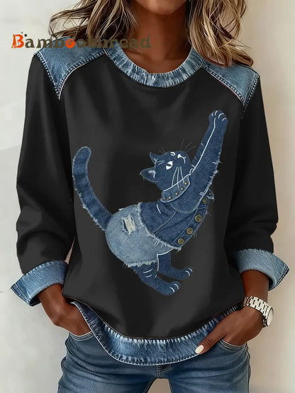 Women’s Vintage Cat Patchwork Print Denim Patchwork Top Black / S