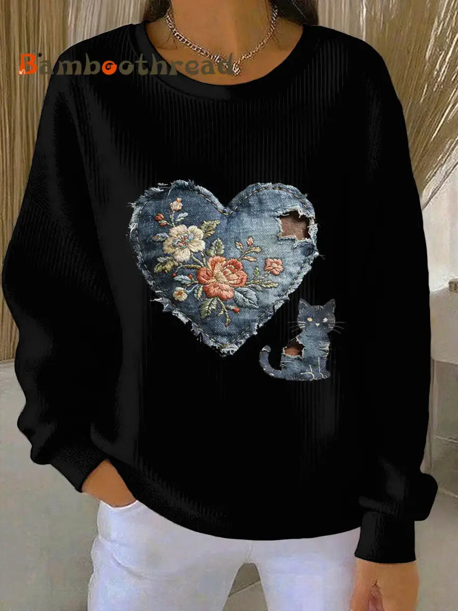Women’s Vintage Cat Patchwork Print Denim Patchwork Top Black / S