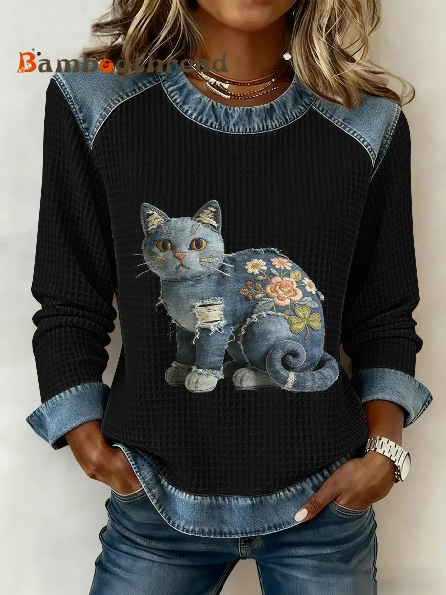 Women’s Vintage Cat Patchwork Print Denim Patchwork Top Black / S