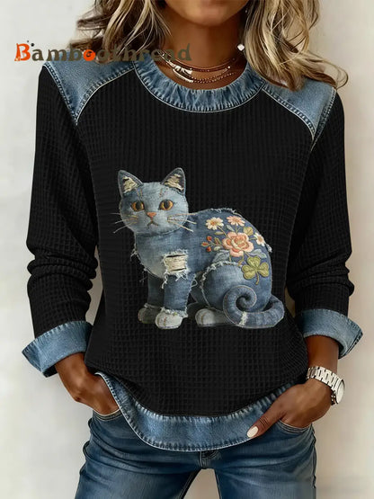 Women’s Vintage Cat Patchwork Print Denim Patchwork Top Black / S