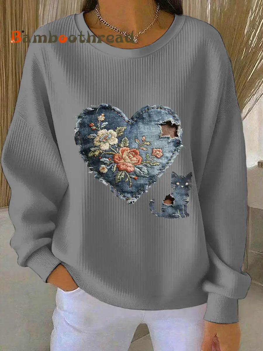 Women’s Vintage Cat Patchwork Print Denim Patchwork Top Gray / S