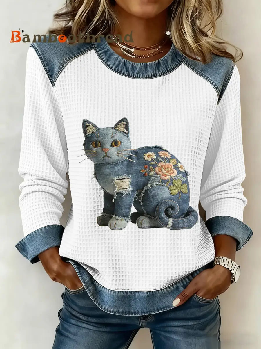 Women’s Vintage Cat Patchwork Print Denim Patchwork Top White / S